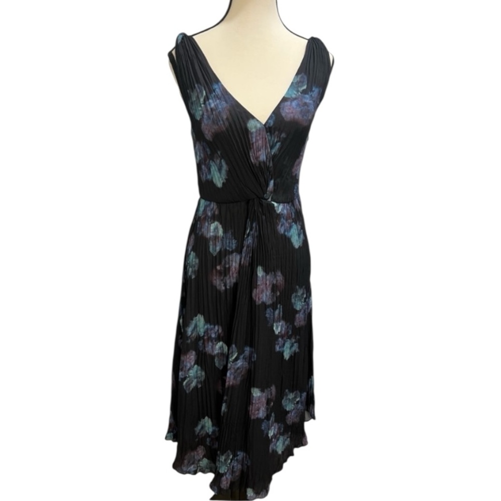 Vince Black Floral Pleated Silk Midi Dress Size 4 Twist Waist - Picture 5 of 14